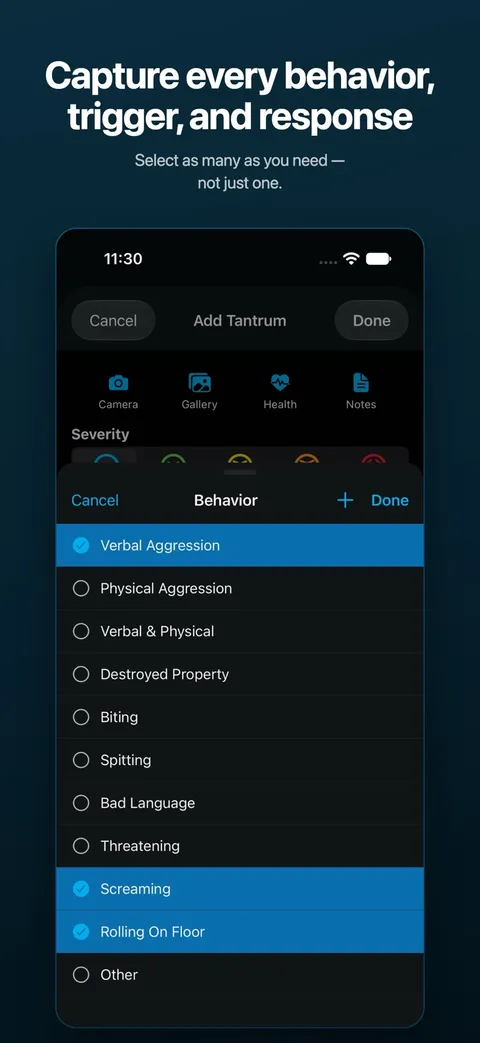 Choosing categories while logging — subscribers can pick as many as applied — on iPhone