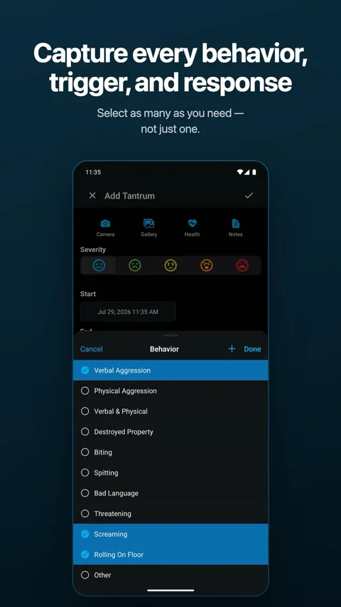 Choosing categories while logging — subscribers can pick as many as applied — on Android